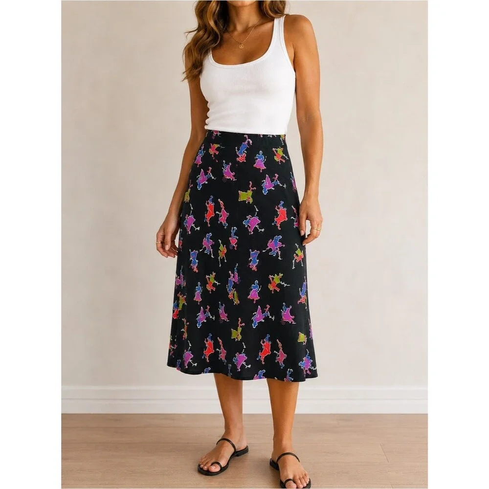 Carol Anderson Petite Vintage 90s Midi Skirt P Black Novelty Print Rayon USA Y2K